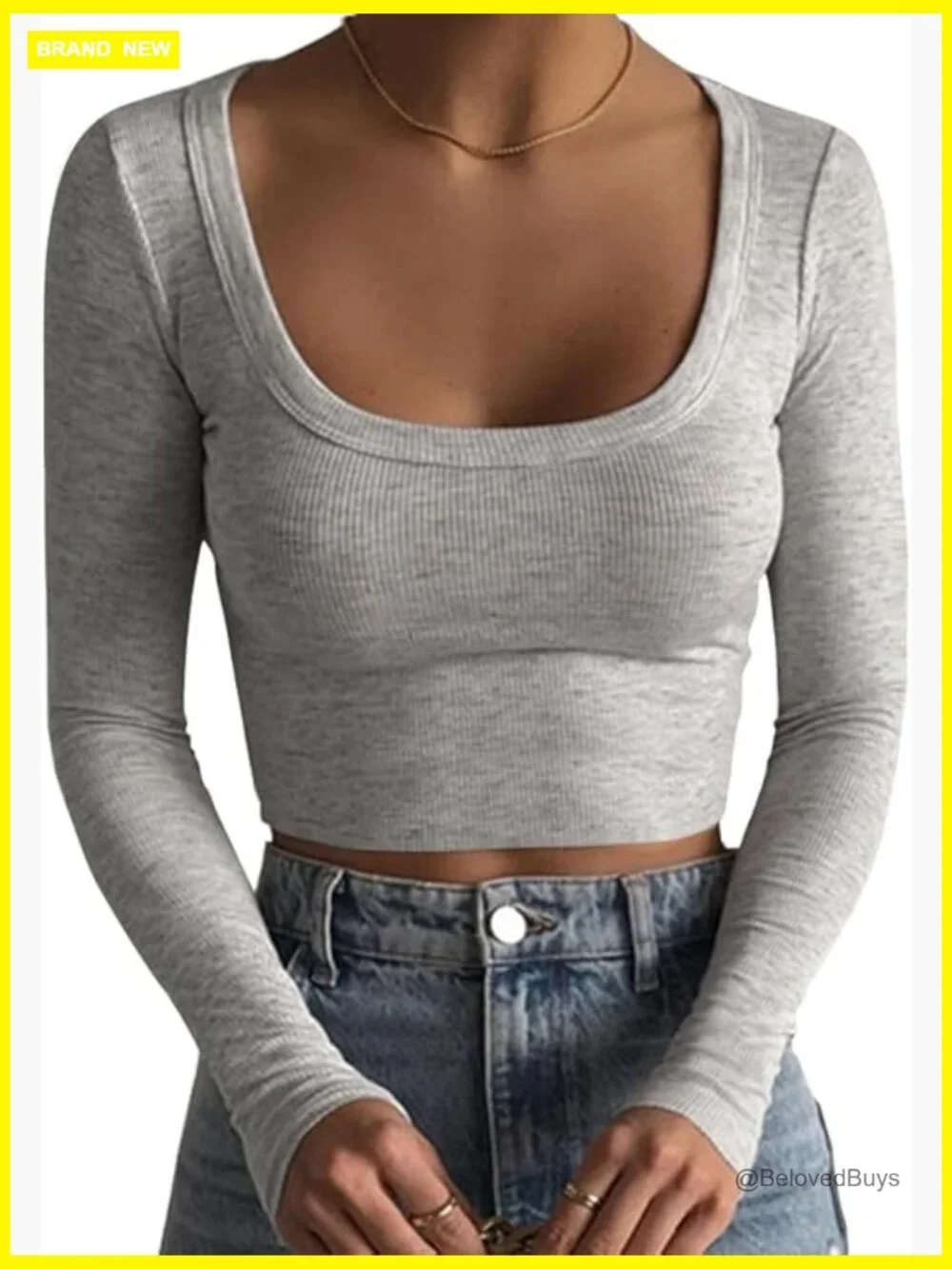 Long Sleeve Ribbed Slim Fitted Crop Top Square Neck